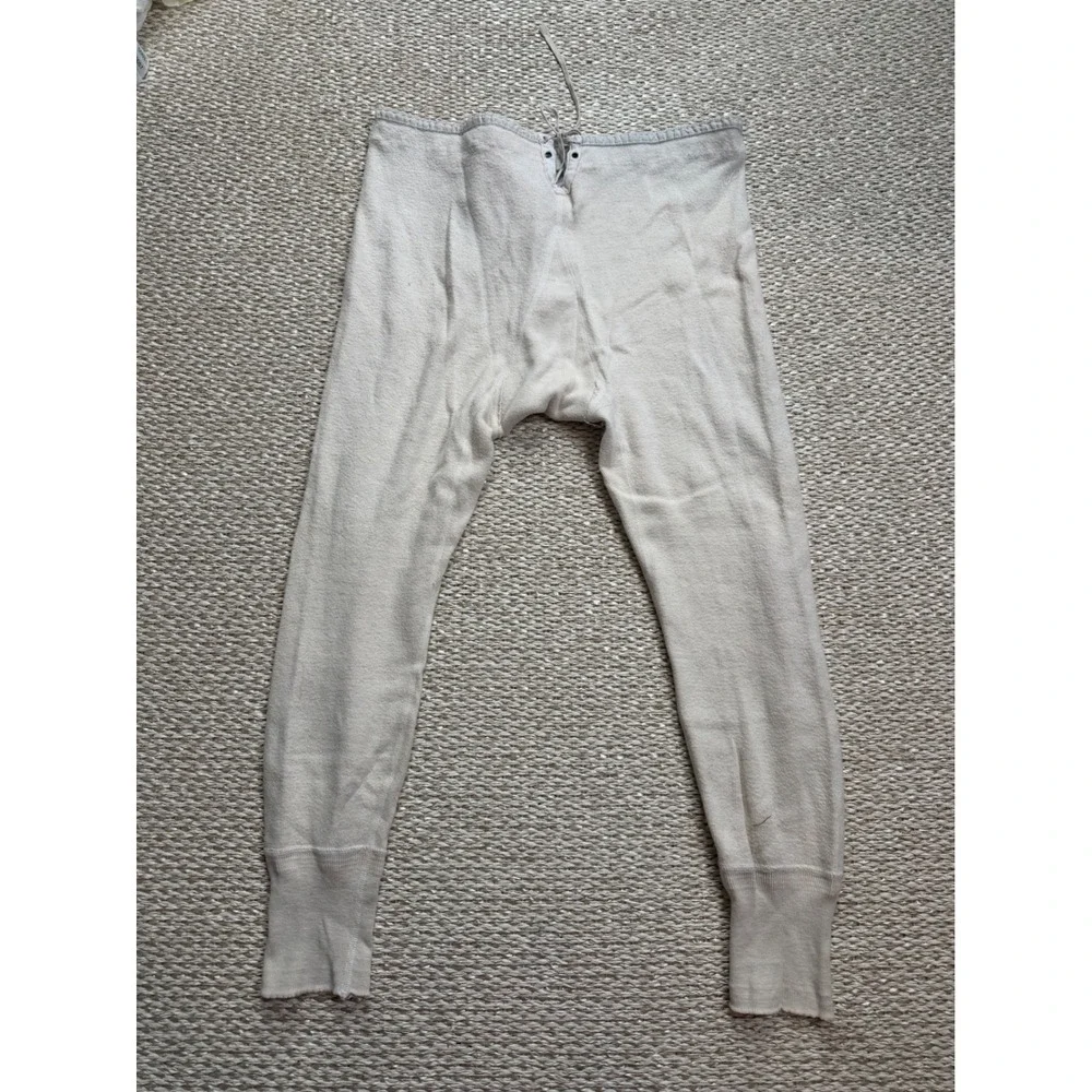 Vintage Pilgrim Mens Cream Knit Long Johns Drawstring Button Fly Size 38
